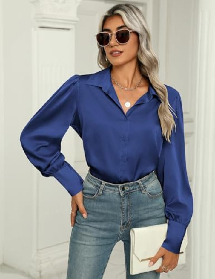 Damen Seidenoptik-Bluse mit Hemdkragen, verdeckter Knopfleiste und langen Manschetten – Élovi