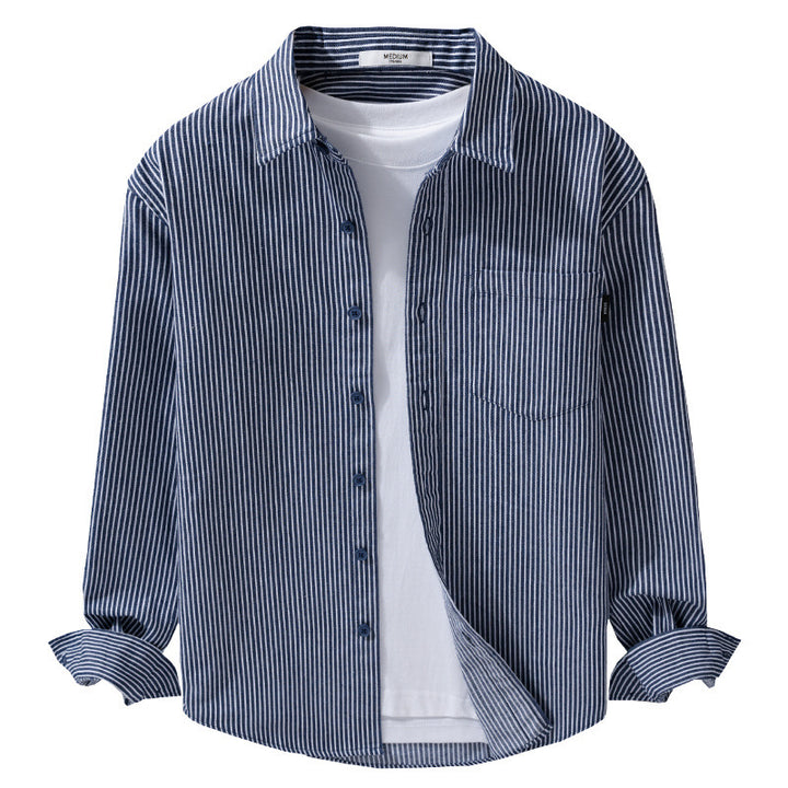 Herren Leichtes Nadelstreifen-Hemd im Layering-Overshirt-Stil mit Kentkragen und aufgesetzter Brusttasche Echoarchiv