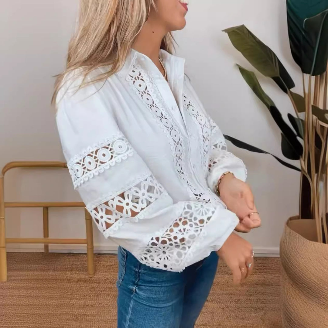 Damen nan Häkelspitzen-Hemdbluse mit V-Ausschnitt, durchbrochener Stickerei und Ballonärmeln Echo Archiv