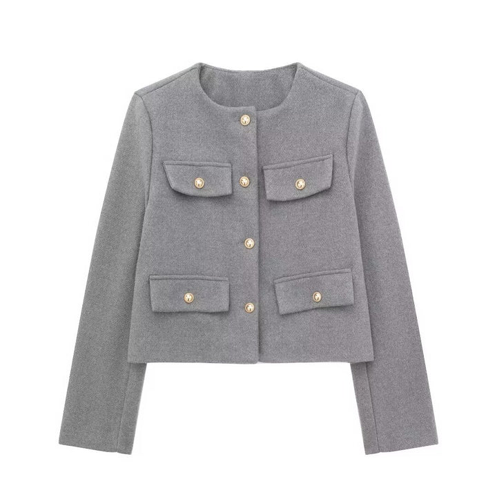 Damen Bouclé-Cropped-Jacke mit vier Pattentaschen und goldenen Schmuckknöpfen Echo Archiv