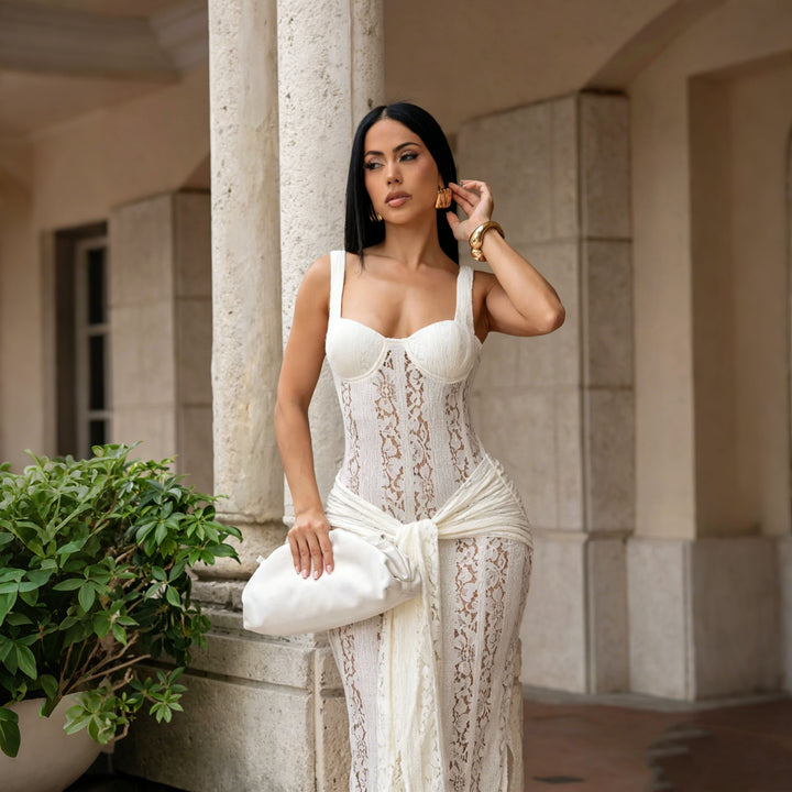 Damen Elegantes Spitzenkleid mit tailliertem Körper und weichem Fall Echo Archiv