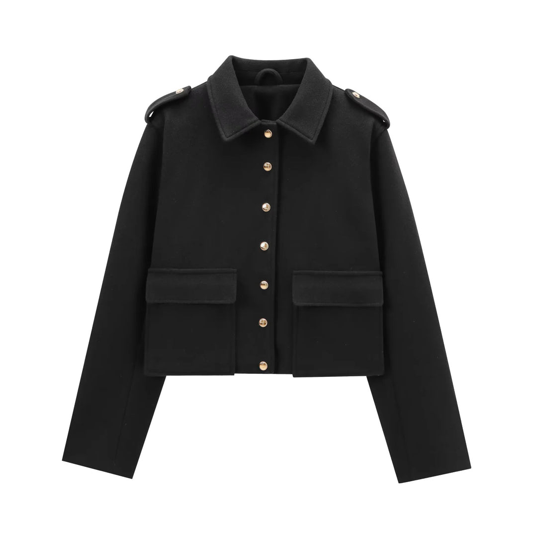Damen kurz geschnittene Boxy-Jacke aus Wollmix mit Schulterklappen, aufgesetzten Pattentaschen und goldfarbenen Zierknöpfen – Célinea