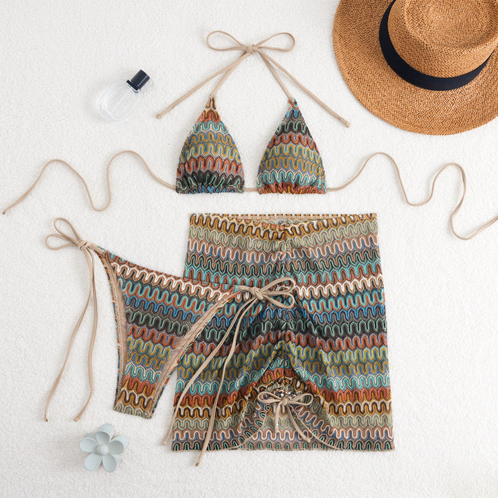 Damen Triangel-Bikini mit Raffinierten Knüpfdetails und Passendem Rock Echo Archiv