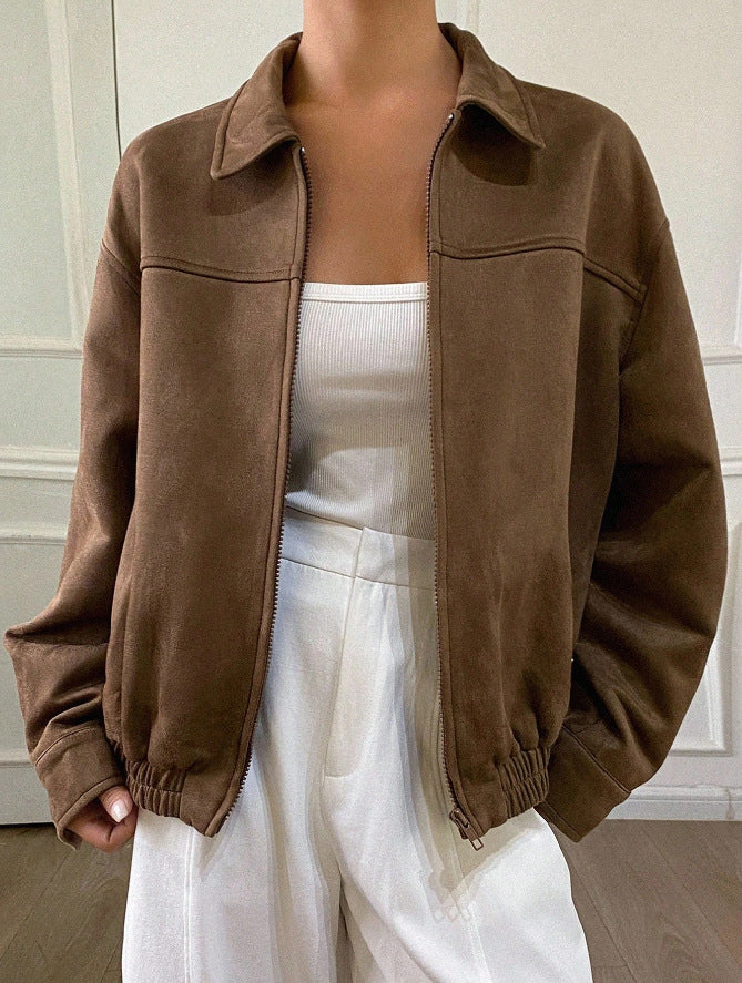 Damen Oversized Wildlederoptik Bomberjacke mit Reißverschluss und elastischem Saum – Avenza