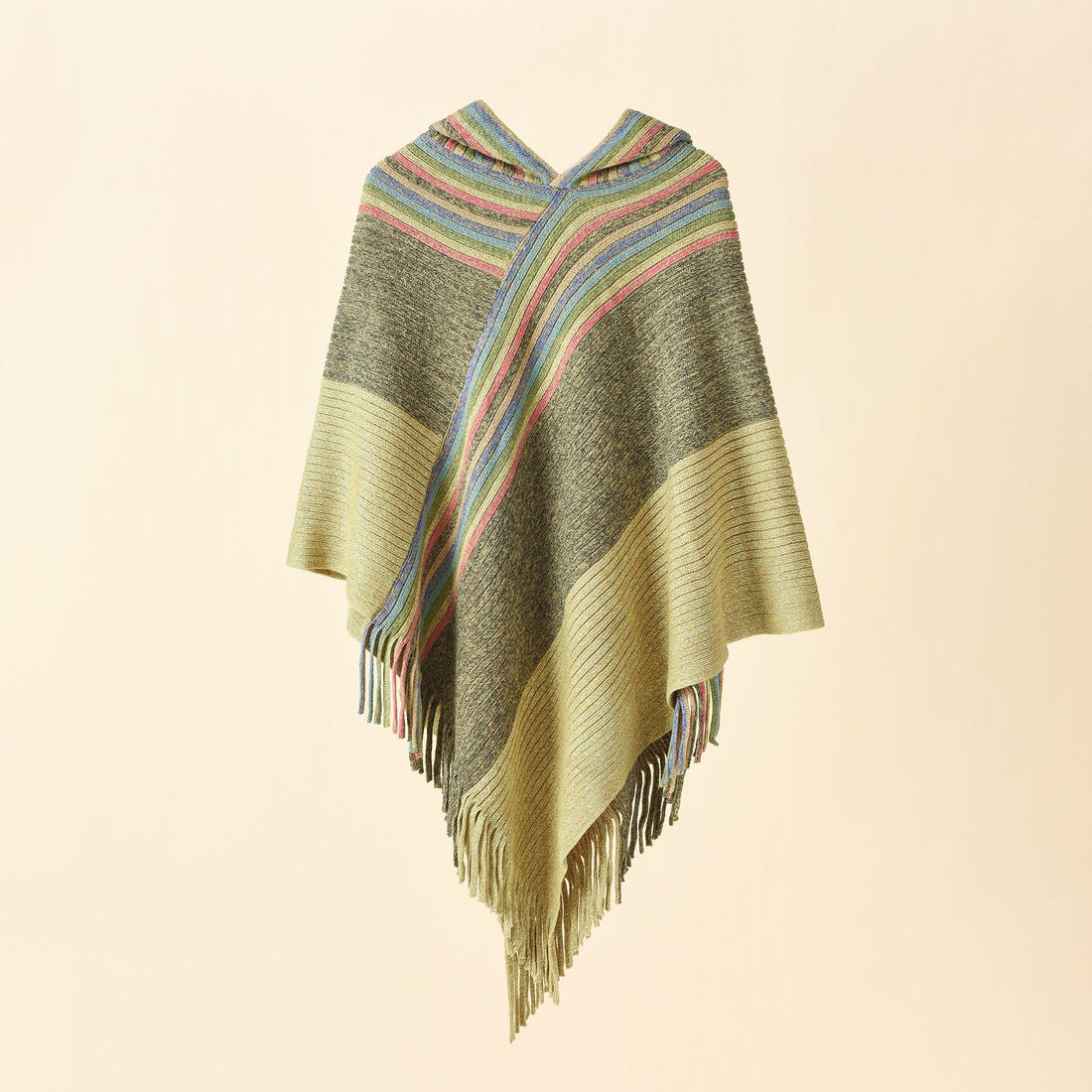 Damen Kapuzen-Poncho im Grobstrick mit Fransensaum – Célinea