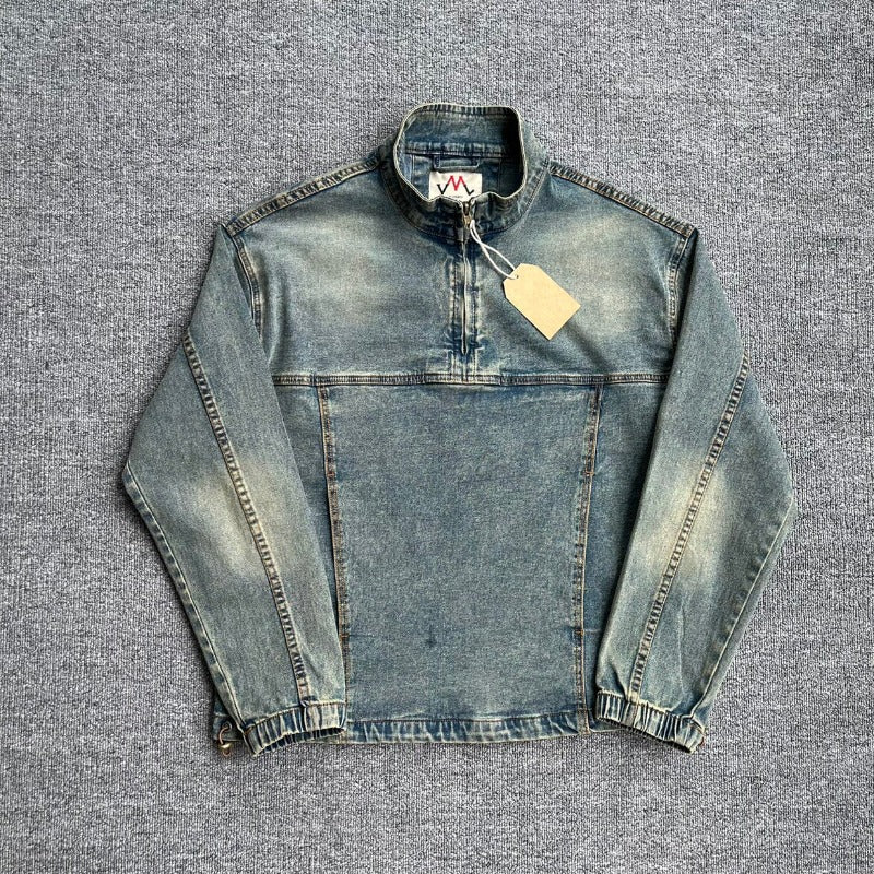 Herren Denim-Pulloverjacke im Vintage-Look mit Halbzip und Stehkragen Echoarchiv