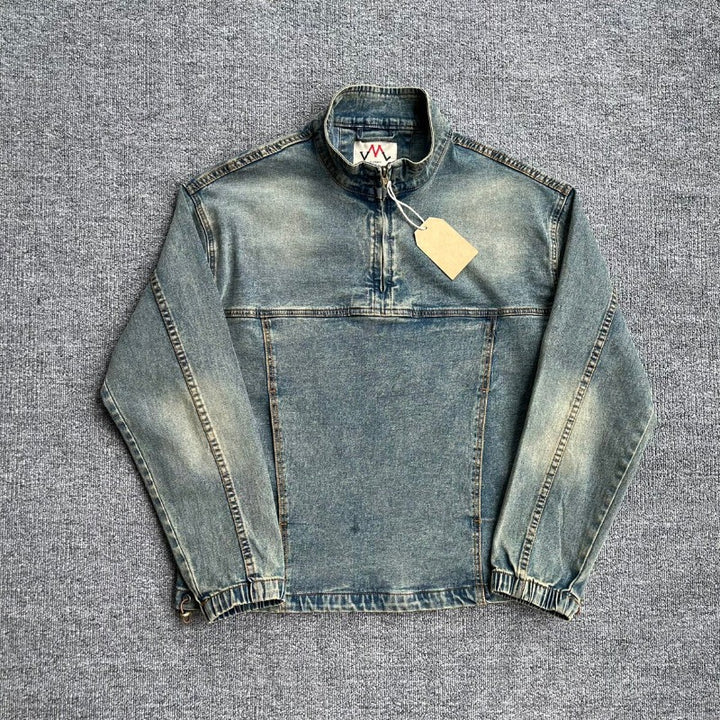 Herren Denim-Pulloverjacke im Vintage-Look mit Halbzip und Stehkragen Echoarchiv