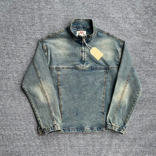 Herren Denim-Pulloverjacke im Vintage-Look mit Halbzip und Stehkragen Echoarchiv