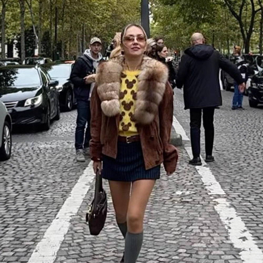 Damen Wildleder-Bomberjacke mit voluminösem Pelzschal und elastischem Saum Echoarchiv