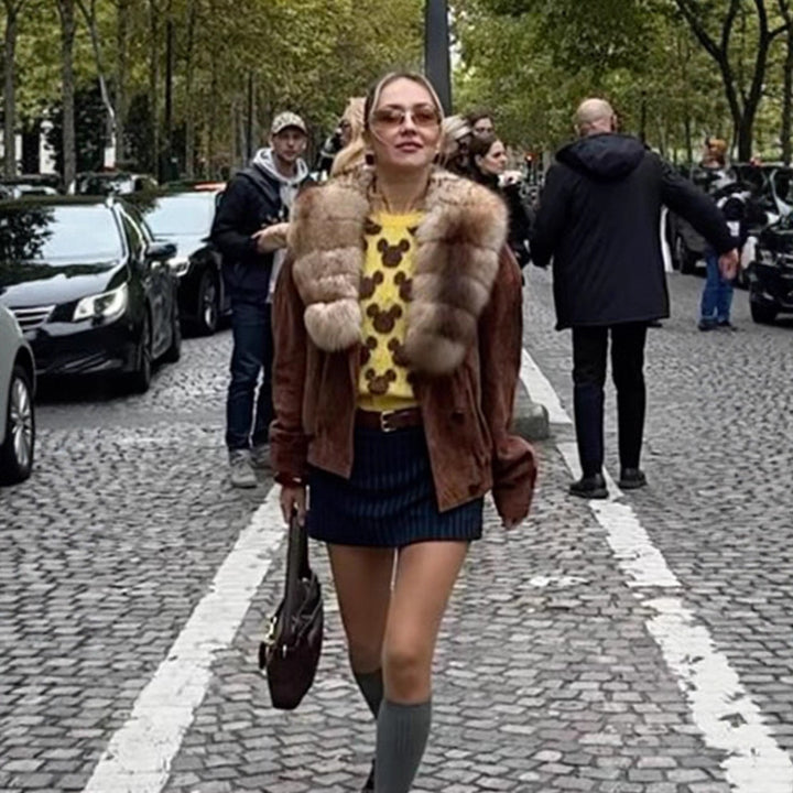 Damen Wildleder-Bomberjacke mit voluminösem Pelzschal und elastischem Saum Echoarchiv