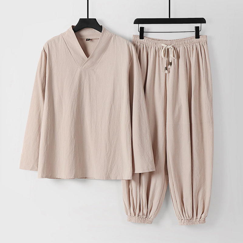 Herren Lockeres Leinen-Loungewear-Set mit V-Ausschnitt elastischem Bund und gerafften Knöcheln Echoarchiv
