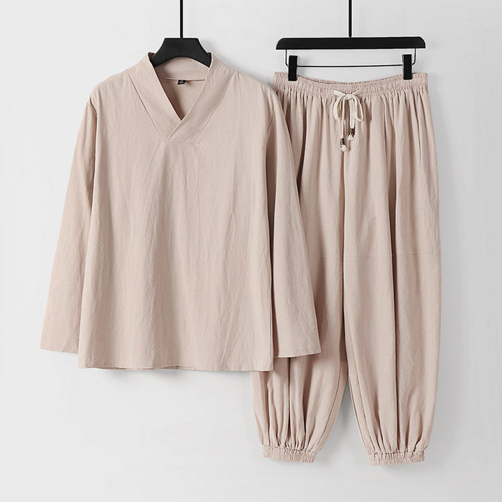 Herren Lockeres Leinen-Loungewear-Set mit V-Ausschnitt elastischem Bund und gerafften Knöcheln Echoarchiv