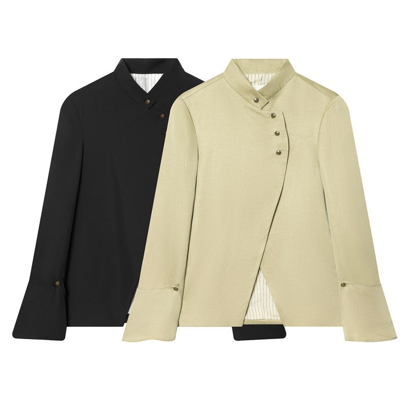 Damen Asymmetrische Blusenjacke mit Stehkragen und ausgestellten Manschetten Echo Archiv