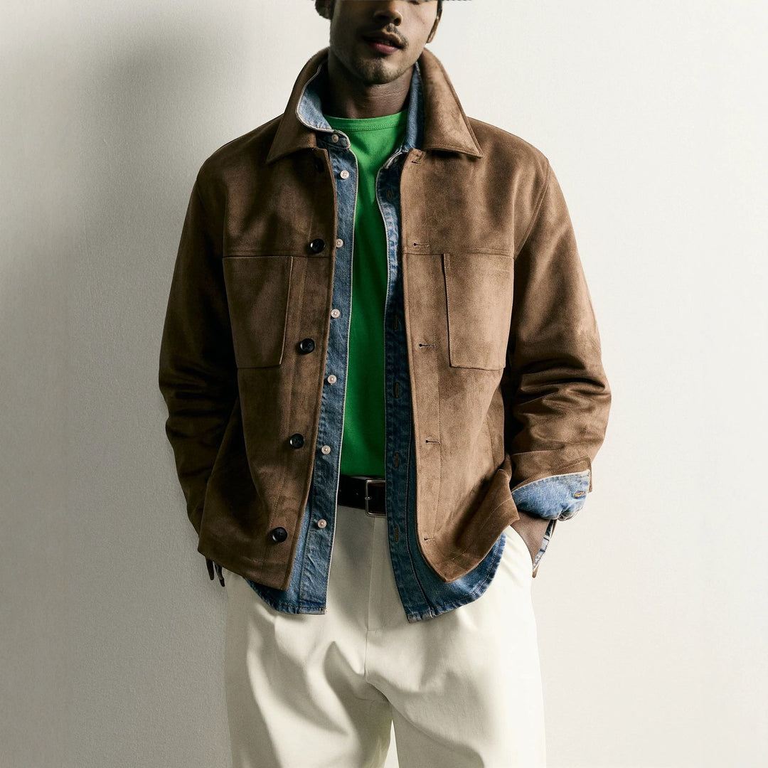 Herren Boxy-Overshirt aus Velourslederimitat mit aufgesetzten Pattentaschen Echo Archiv