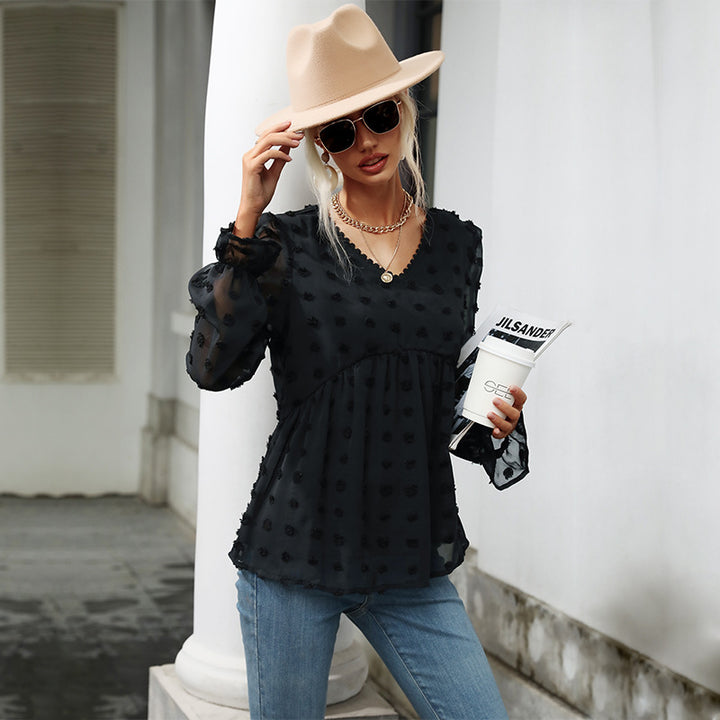 Damen Transparente Chiffon‑Bluse mit V‑Ausschnitt, erhabener Punkte‑Textur und Babydoll‑Silhouette – Élovi