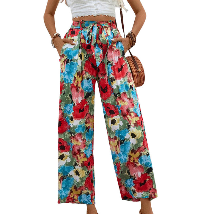Damen Leichte High‑Waist Marlenehose mit floralem Aquarellprint, weitem Bein & Bindegürtel Echoarchiv