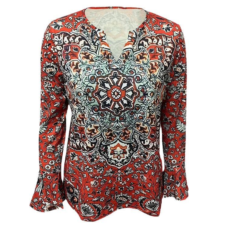 Damen Boho-Tunika-Bluse mit Mandala-Print, V-Ausschnitt und dreiviertel Ärmeln – Élovi