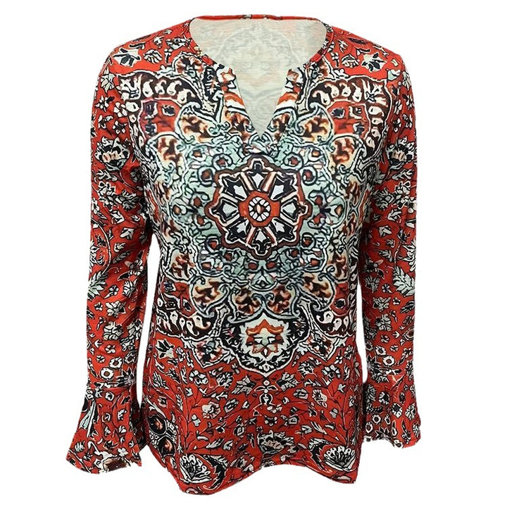 Damen Boho-Tunika-Bluse mit Mandala-Print, V-Ausschnitt und dreiviertel Ärmeln – Élovi