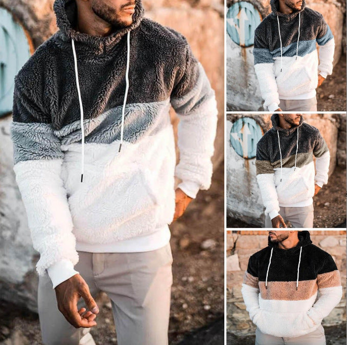 Herren Farbblock-Teddy-Fleece Kapuzenpullover mit Kängurutasche und Tunnelzug Echoarchiv
