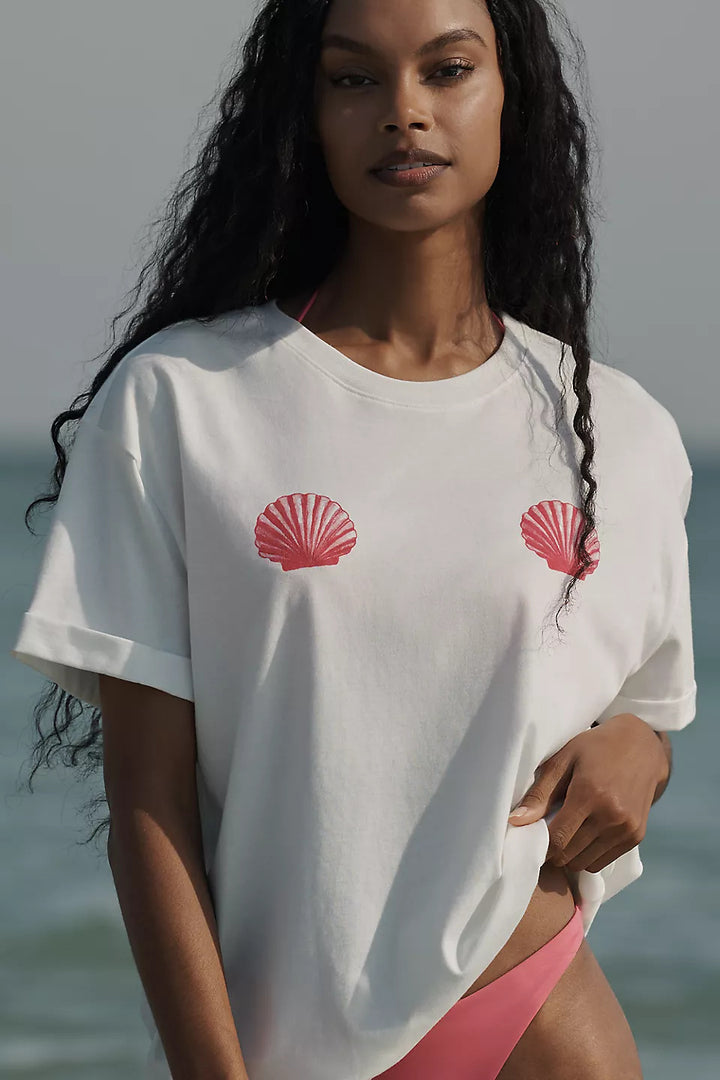 Damen lässiges T-Shirt mit maritimem Muschel-Print und lockerer Passform Echo Archiv