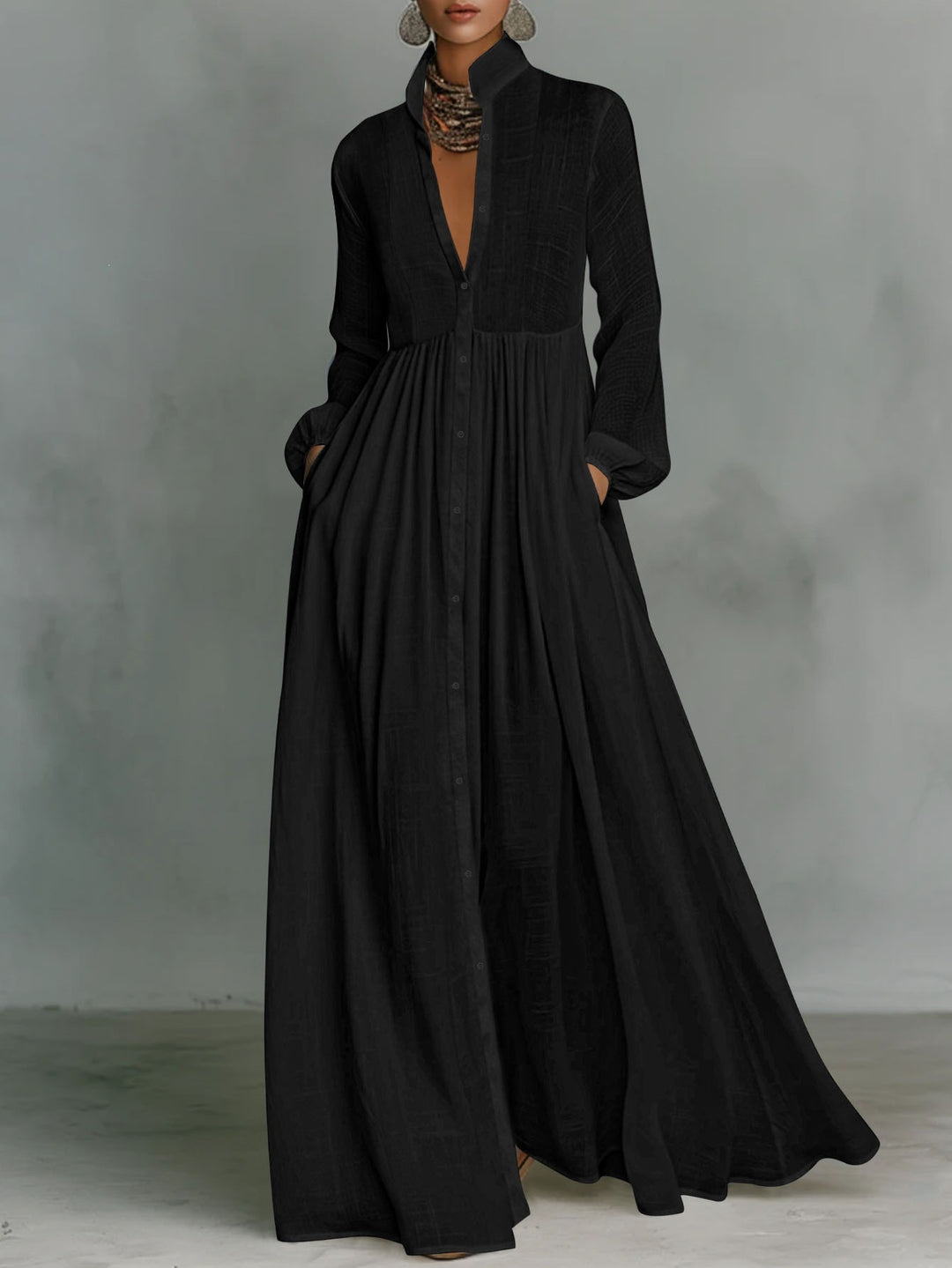 Damen Maxikleid mit Stehkragen, durchgehender Knopfleiste, taillenhoher Raffung und Eingrifftaschen – Valéora