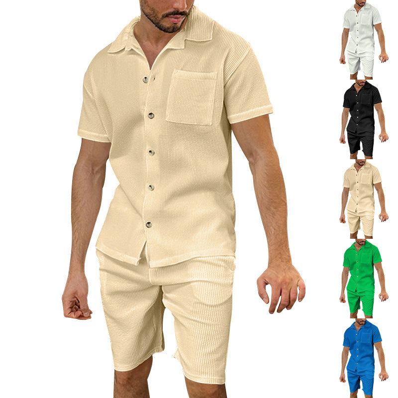 Herren lässiges Kurzarmhemd und Bermuda-Shorts Set mit strukturiertem Design Echoarchiv