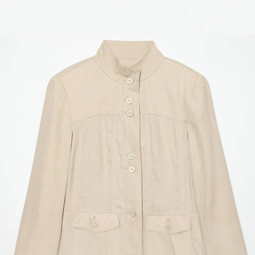 Damen Leichte Leinenoptik Hemdjacke mit Stehkragen, Knopfleiste und ausgestelltem Saum Echo Archiv