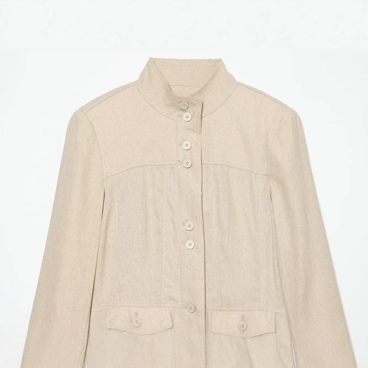Damen Leichte Leinenoptik Hemdjacke mit Stehkragen, Knopfleiste und ausgestelltem Saum Echo Archiv