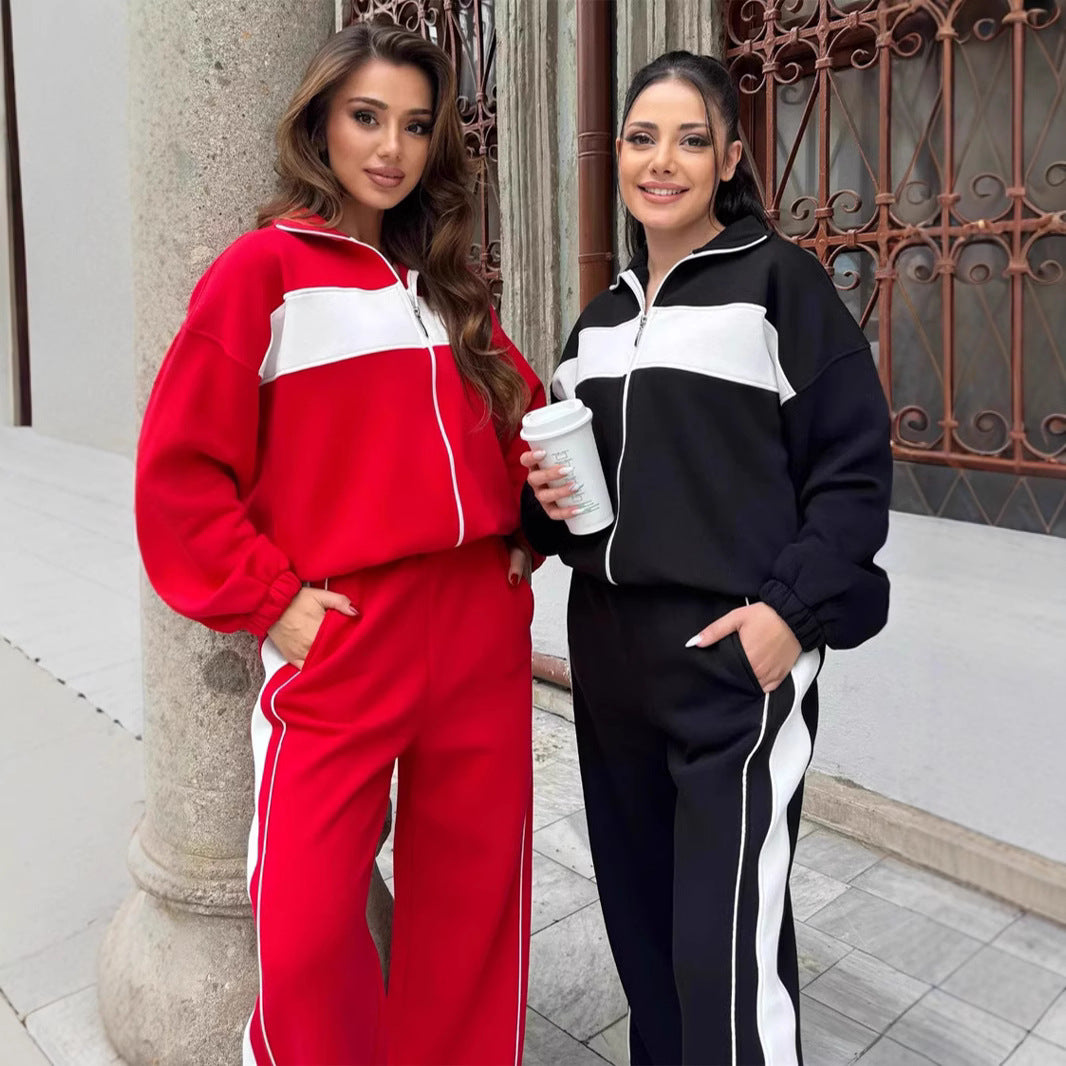 Damen Komfortables Campus-Lounge-Set mit kurzem Reißverschluss-Top und Seitenstreifen-Jogger – Avérine