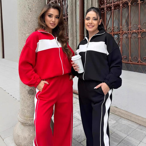Damen Komfortables Campus-Lounge-Set mit kurzem Reißverschluss-Top und Seitenstreifen-Jogger – Avérine
