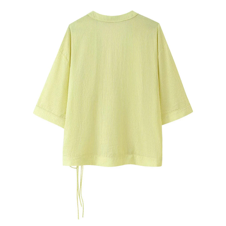 Damen Wickelkimono-Top mit dreiviertelärmeln, strukturierter Crinkle-Qualität und seitlichem Bindeband-Detail – Orélia