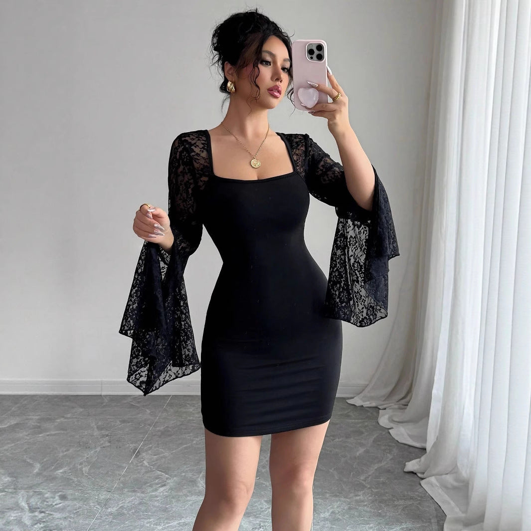 Damen nan figurbetontes Minikleid mit quadratischem Ausschnitt und ausgestellten Spitzenärmeln Echo Archiv