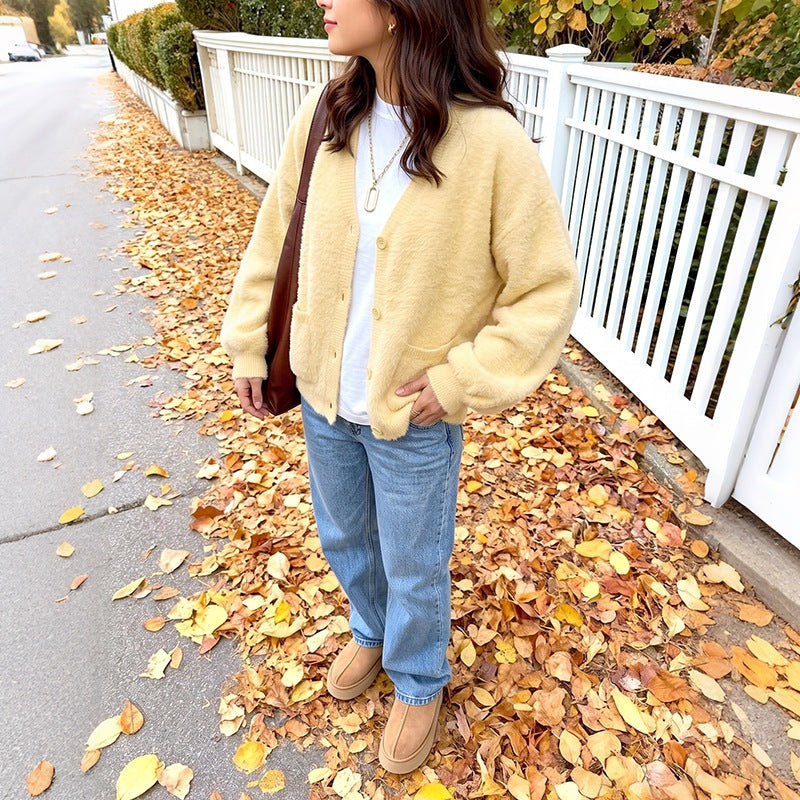 Damen Kuschelige Oversize-Cardigan aus Teddy-Fleece mit V-Ausschnitt, aufgesetzten Taschen & Rippbündchen Echoarchiv