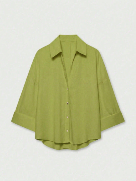 Damen Leichte Oversize Leinenoptik Bluse mit Dreiviertelärmeln und durchgehender Knopfleiste Echoarchiv