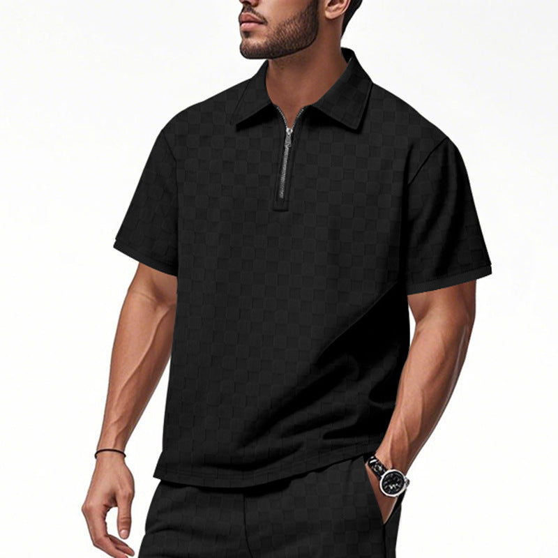 Herren nan kurzes Halbzip-Poloshirt aus strukturierter Waffelpiqué mit Hemdkragen und figurbetonter Passform Echo Archiv