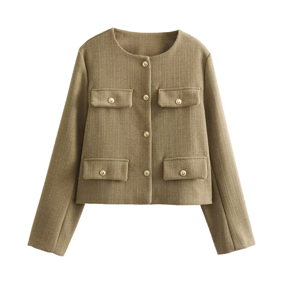 Damen Bouclé-Cropped-Jacke mit vier Pattentaschen und goldenen Schmuckknöpfen Echo Archiv