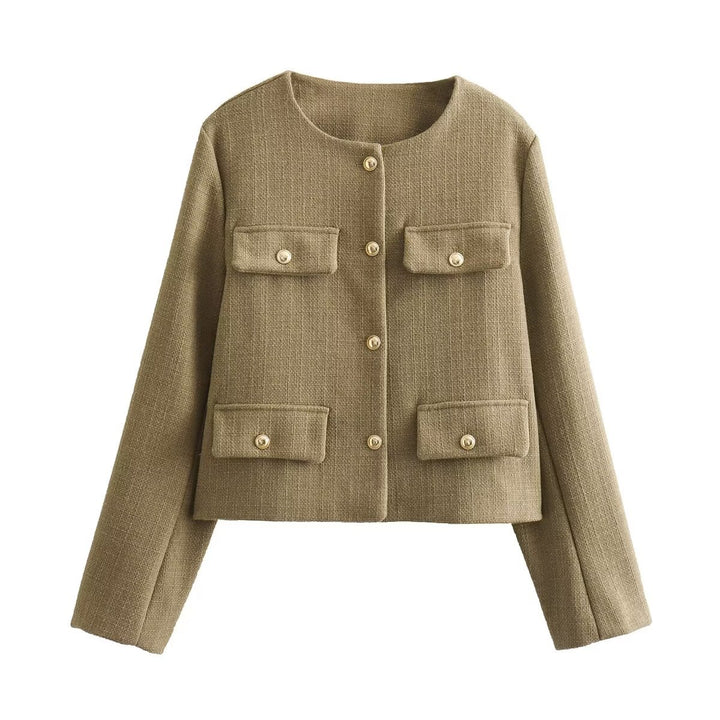 Damen Bouclé-Cropped-Jacke mit vier Pattentaschen und goldenen Schmuckknöpfen Echo Archiv