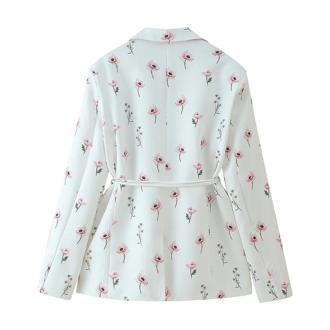 Damen floraler Blazerjacke mit Bindegürtel, Pattentaschen und Schalkragen – Valéne