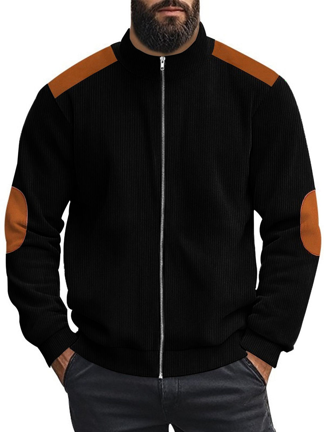 Herren Strickjacke mit modernen Lederakzenten und hoch geschlossenem Kragen Echoarchiv