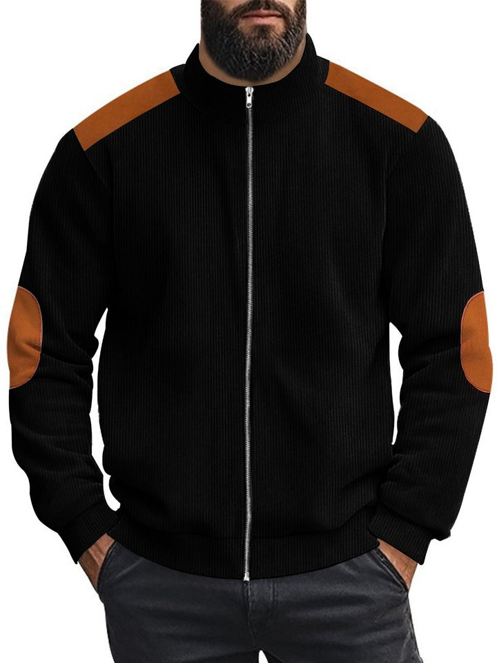 Herren Strickjacke mit modernen Lederakzenten und hoch geschlossenem Kragen Echoarchiv