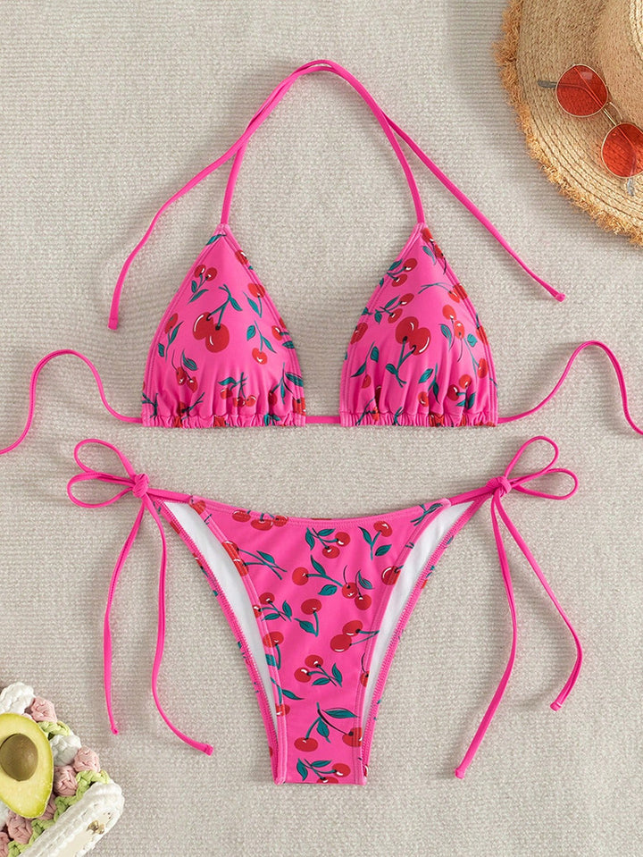 Damen Triangel-Bikini mit frischem Kirschmotiv und verstellbaren Bindebändern Echo Archiv