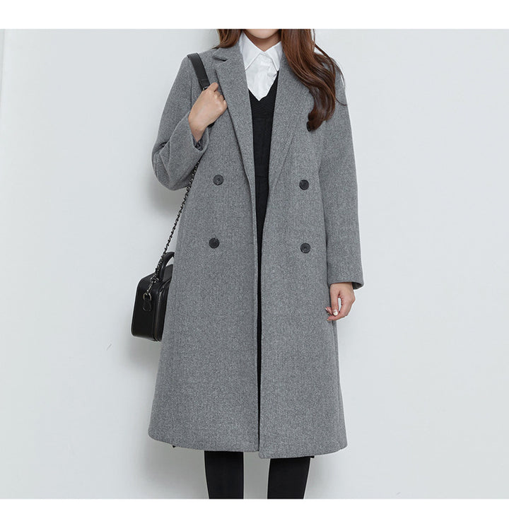 Damen Lang geschnittener Wollmix-Mantel im minimalistischen Doppelreiher mit tiefem Revers Echoarchiv