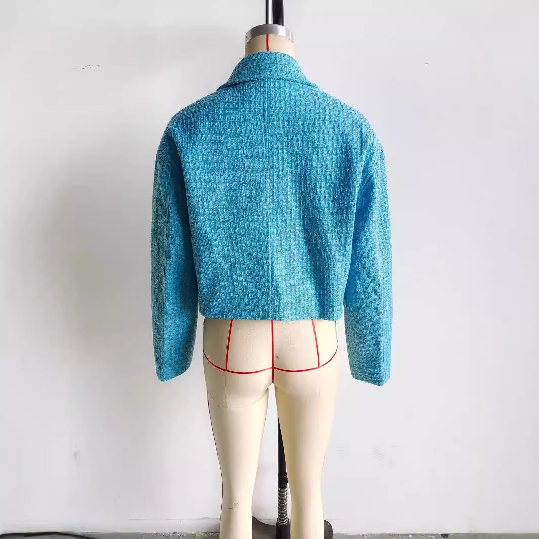 Damen Cropped Tweedjacke mit Hemdkragen, verdecktem Reißverschluss und Leistentaschen – Célinea