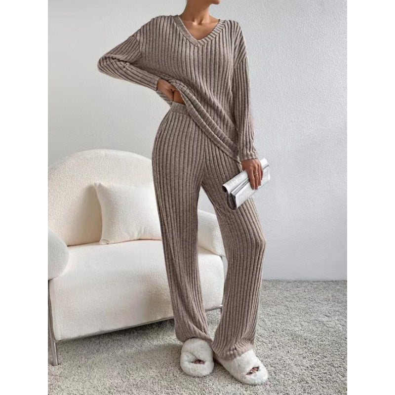 Damen Gemütliches Rippstrick-Loungewear-Set mit V-Ausschnitt und weitem Bein Echo Archiv