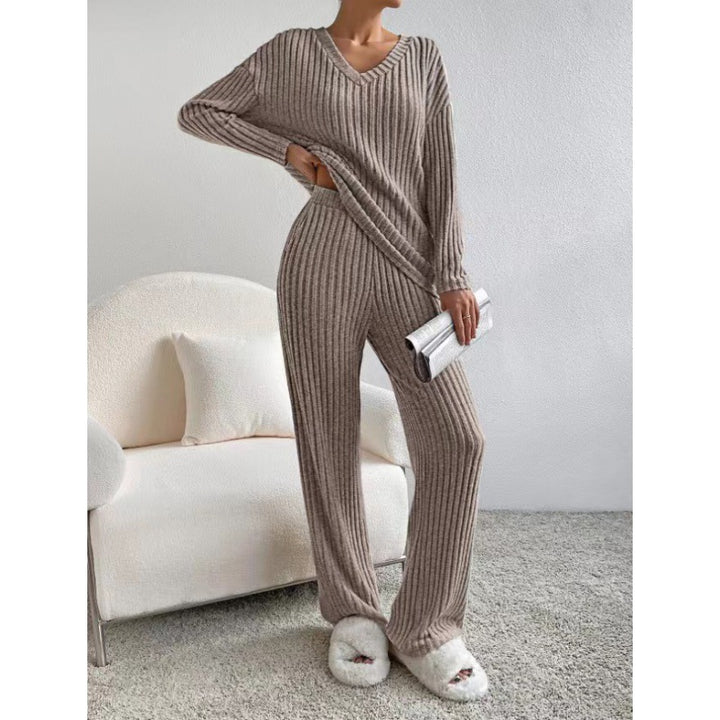 Damen Gemütliches Rippstrick-Loungewear-Set mit V-Ausschnitt und weitem Bein Echo Archiv
