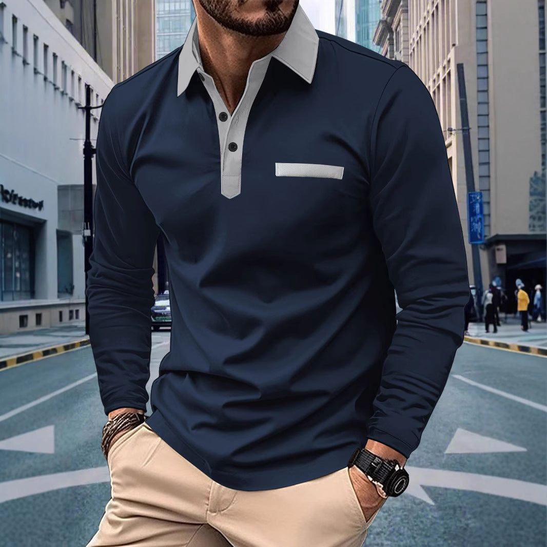 Herren Langarm Poloshirt mit modernem Stehkragen und raffiniertem Kontrastdesign Echoarchiv