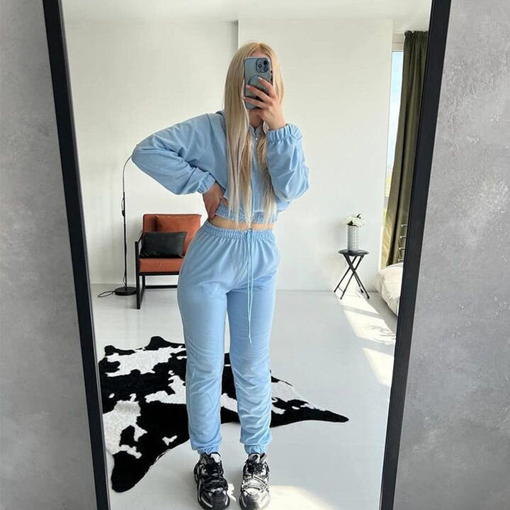 Damen Gekürztes Zip‑Hoodie mit elastischer High‑Waist Jogginghose – Auréline