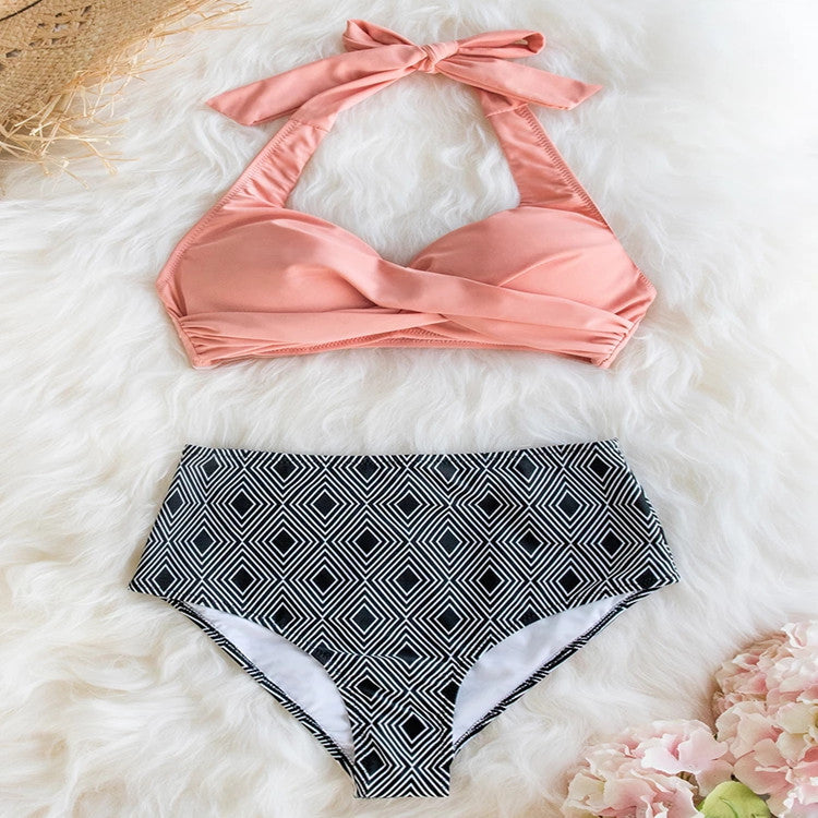 Damen High-Waist Bikini-Set mit elegantem Wickeldesign und modischem geometrischem Muster Echo Archiv