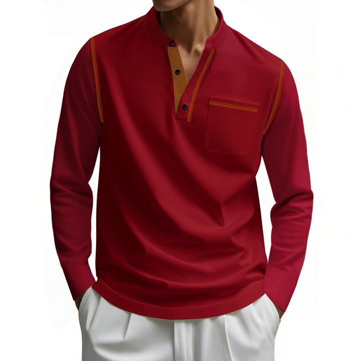 Herren nan Henley-Langarmshirt mit Stehkragen, Brusttasche und kontrastierenden Ziernähten Echo Archiv