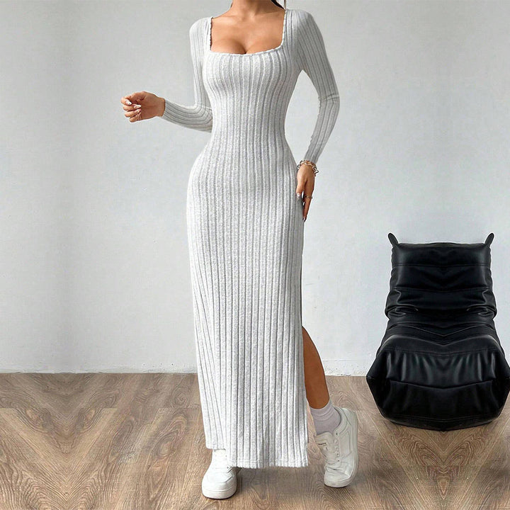 Damen figurbetontes geripptes Maxikleid mit quadratischem Ausschnitt und seitlichem Beinschlitz – Valéora